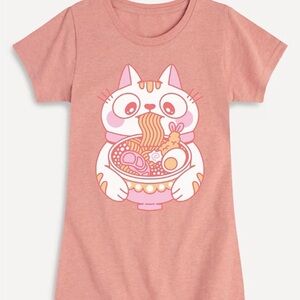 Cat Eating Ramen Fitted Short Sleeve T-Shirt For Girls